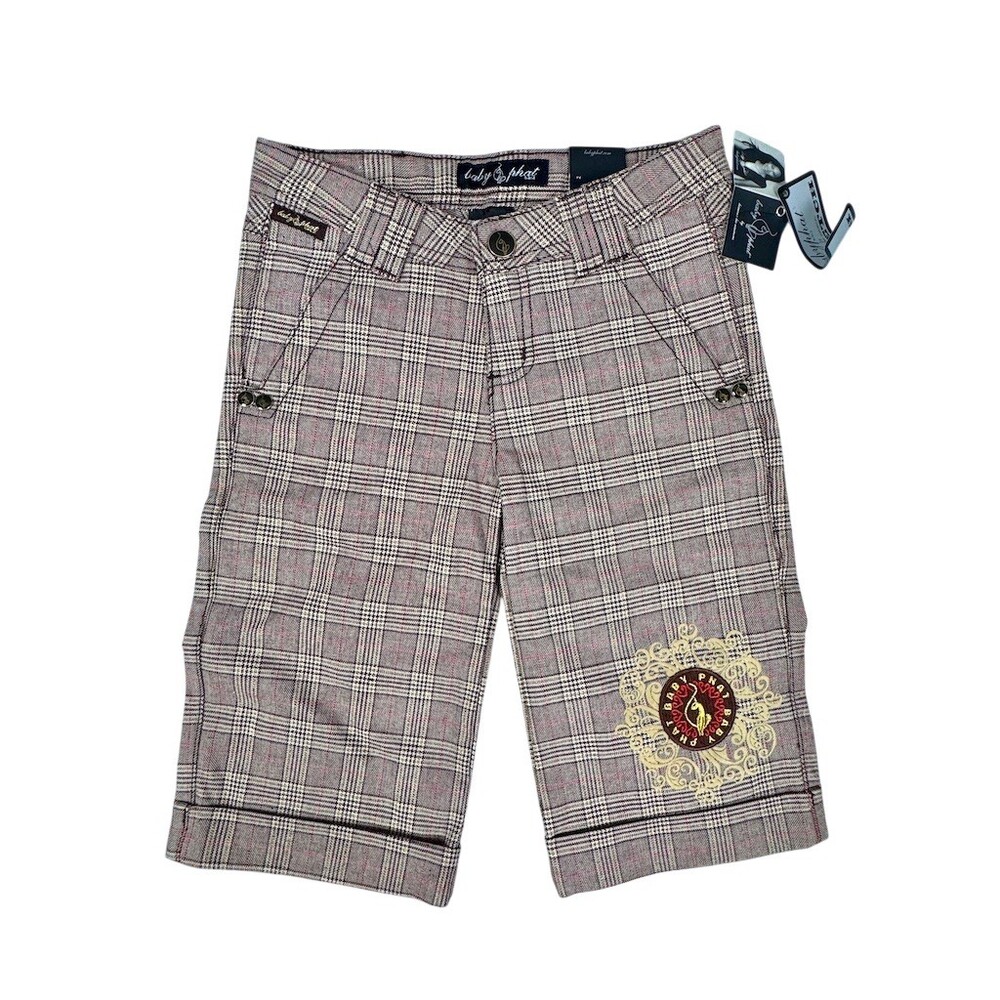 Vintage Baby Phat Bermuda Shorts Girls Size 10 Brown Plaid Y2K Stretch Cuffed